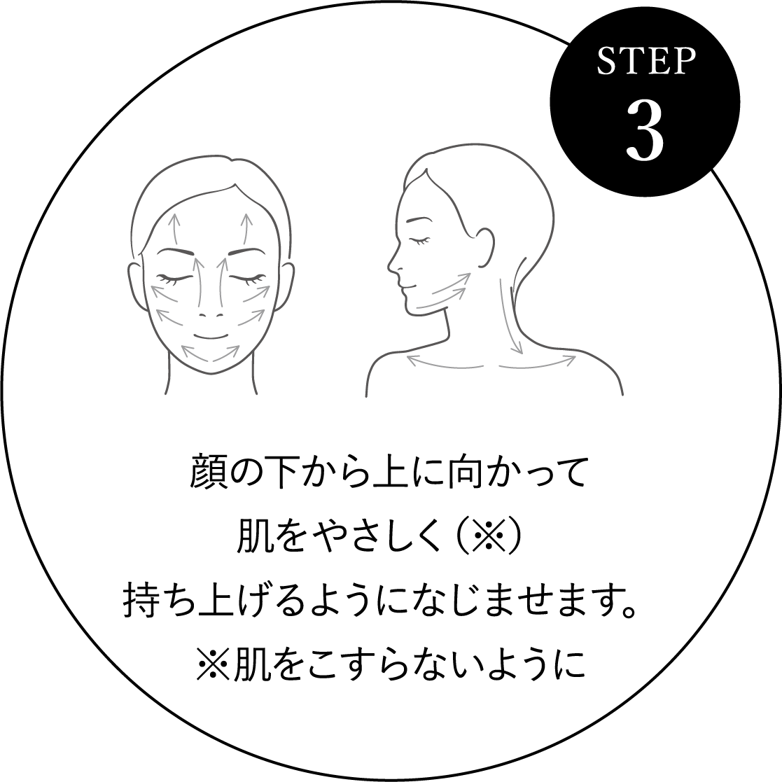 STEP 3 顔の下から上に向かって肌をやさしく（※）持ち上げるようになじませます。※肌をこすらないように